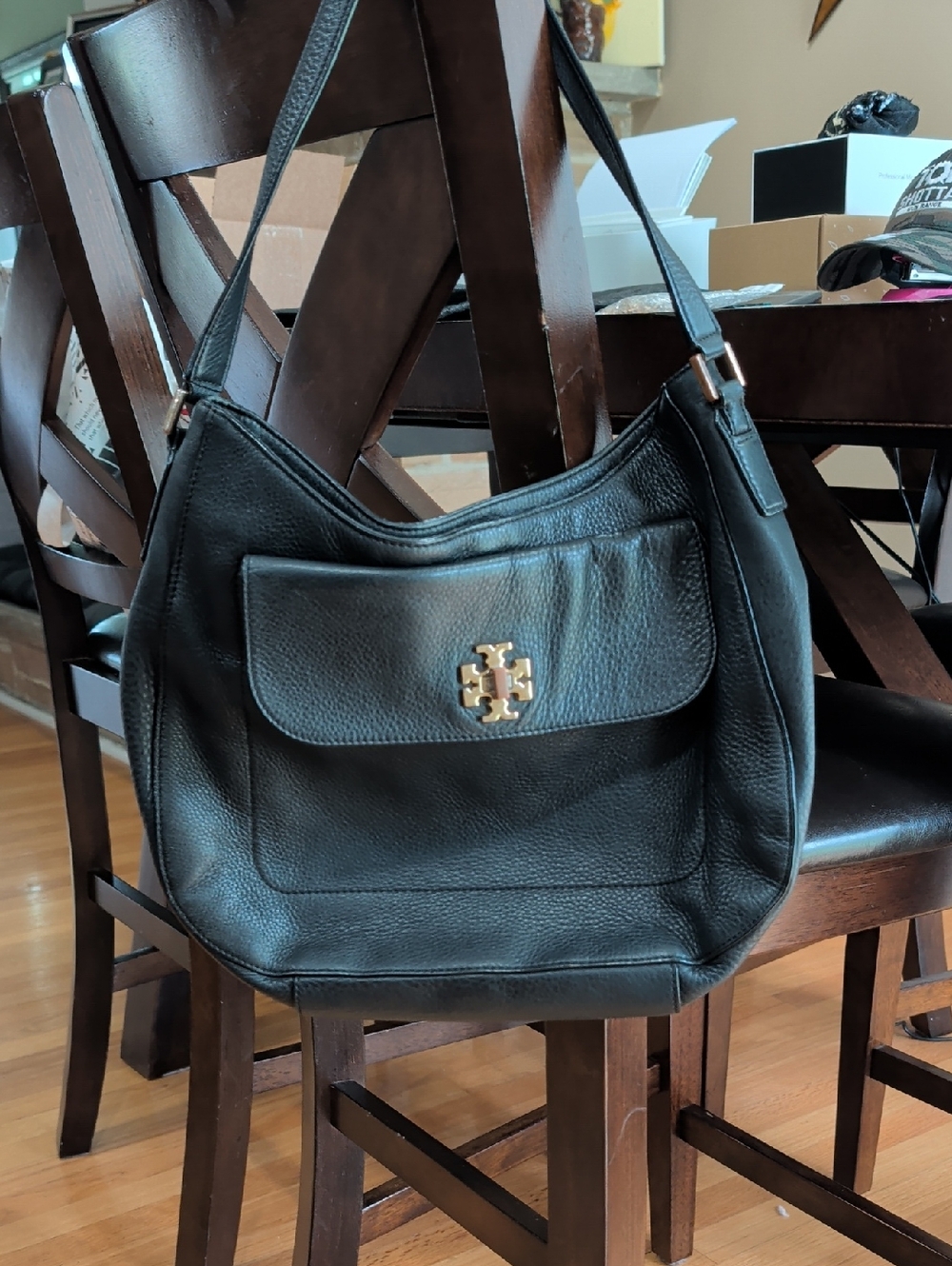Tory Burch Black Pebbled Leather Shoulder Bag with Gold Logo